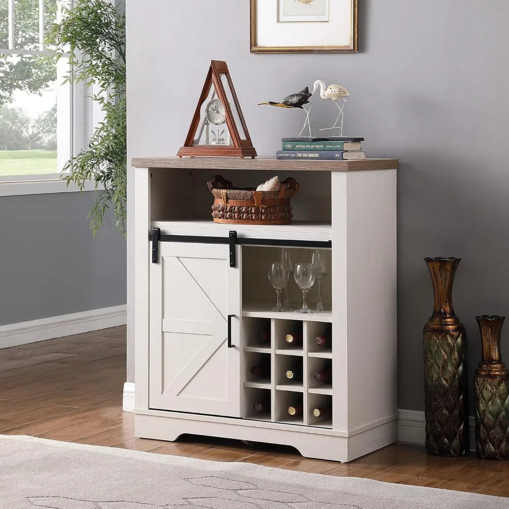 Wine Cabinet with Sliding Barn Door & Open Shelf, Liquor Cabinet with Rack for Inside Cabine，Buffet Table for Dining R
