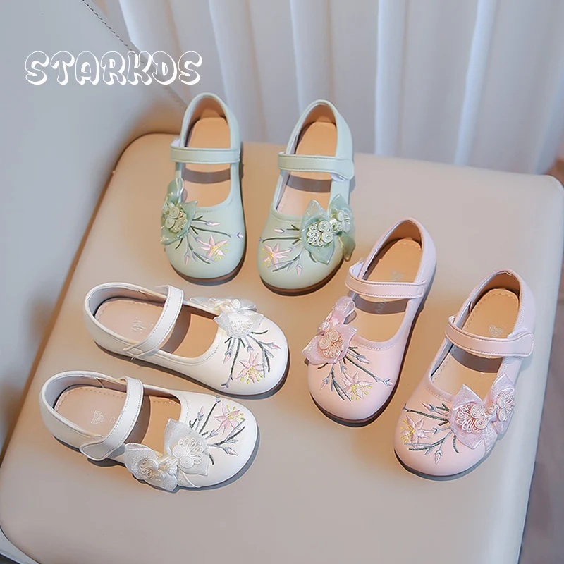 Chinoiserie Floral Embroider Ballet Flats Girls  Lace Bowknot Mary Jane Zapatos Kids Retro Hanfu Shoes In Pink Green Color