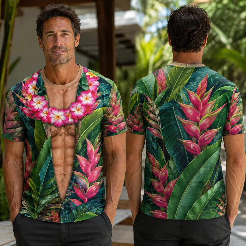 Men's 3D Fake Open Shirt T Shirt Tropical Floral Print Muscle Chest Abs Illusion Short Sleeve Hawaiian Tee Beach Party Summer