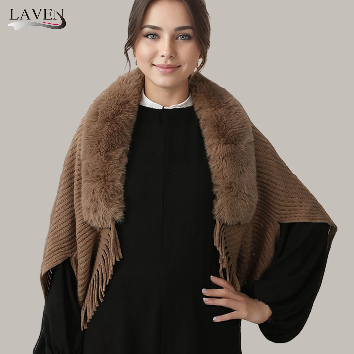 

Женская зимняя шаль, толстый вязаный плюшевый открытый кардиган с кисточками, однотонный пончо из искусственного меха на шее, накидка для выпускного вечера