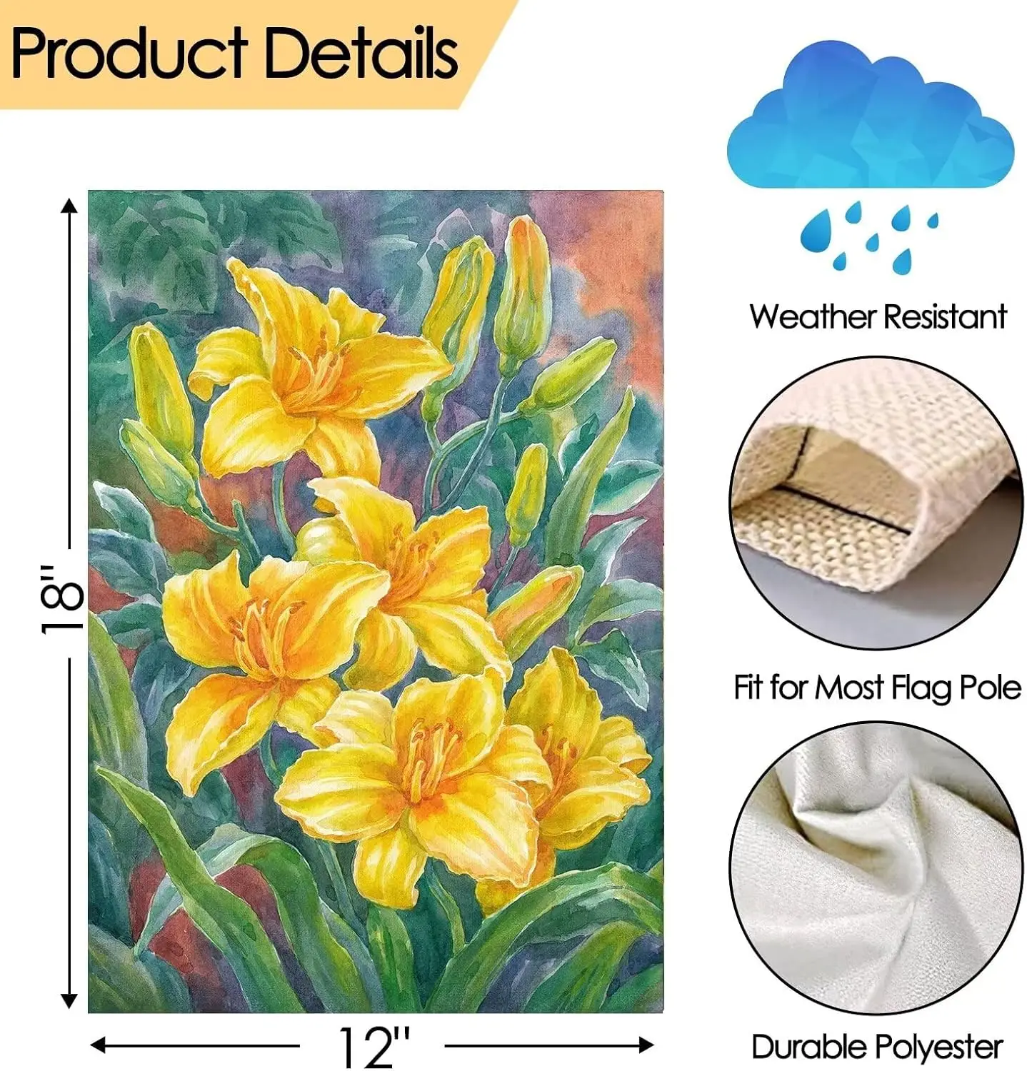 Watercolor Yellow Daffodils Daylily Flowers Spring Floral Garden Flag 12×18 Inch Small Vertical Double Sided Seasonal Outside De