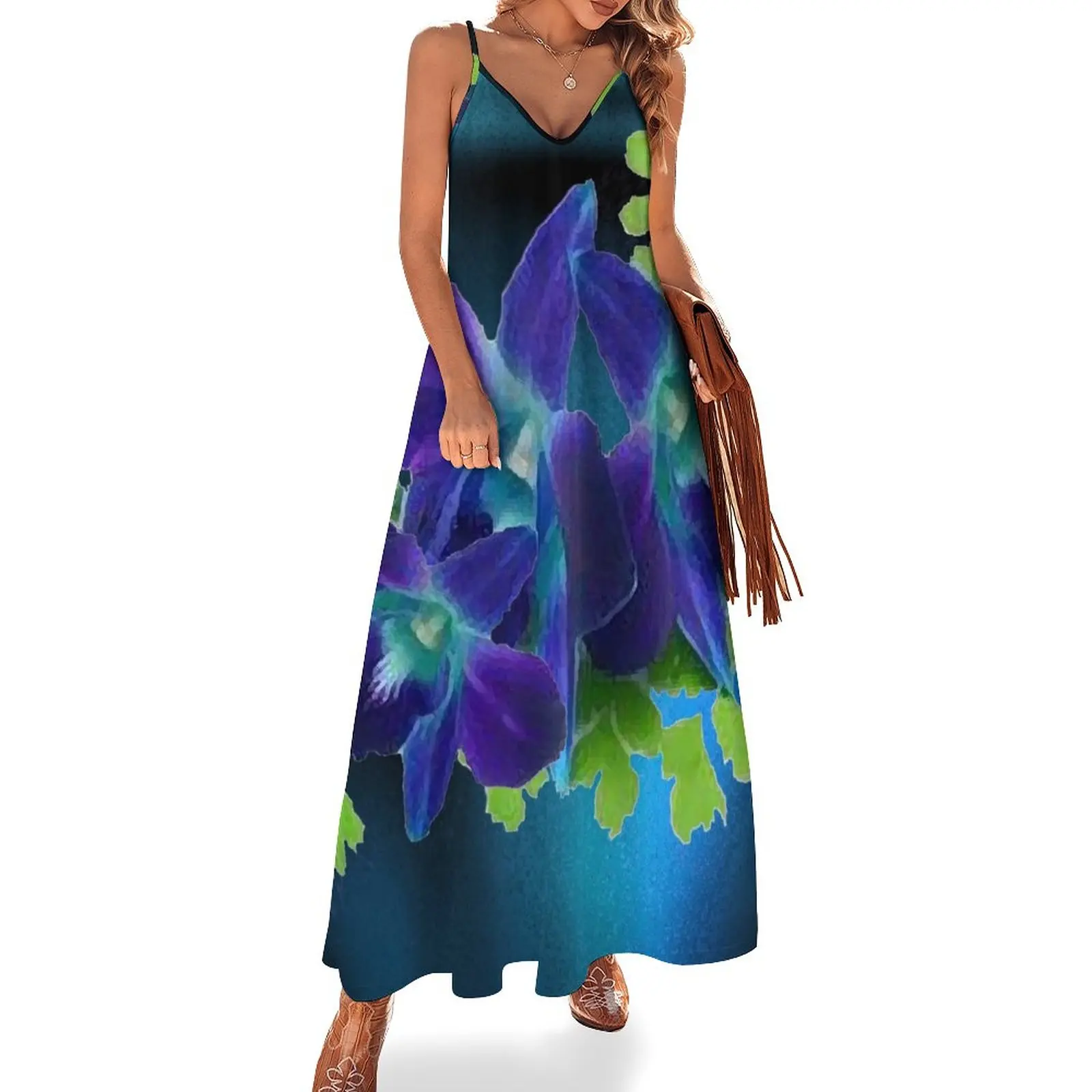 Hawaiian Blue Orchid and Fern Sleeveless Dress dress women's fashion dresses chic and elegant woman dress