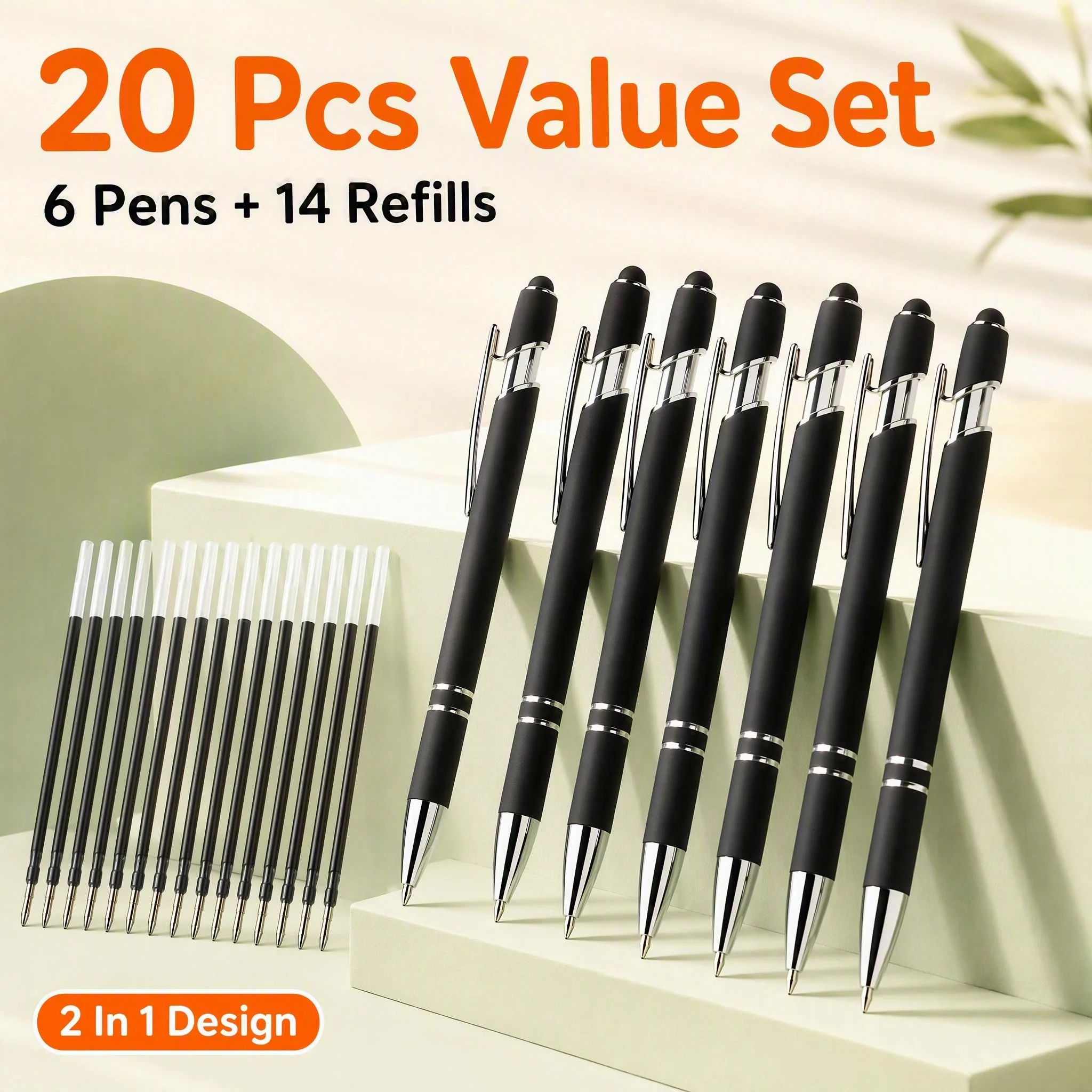 20-Piece Black Ballpoint Pen Set (Contains 6 Pens + 14 Refills), Writes Smoothly, with a Touch Screen Stylus Tip, Suitable for Various Uses, Non-Slip Grip, Holiday Gift, Office and School Supplies, Suitable for Daily Use