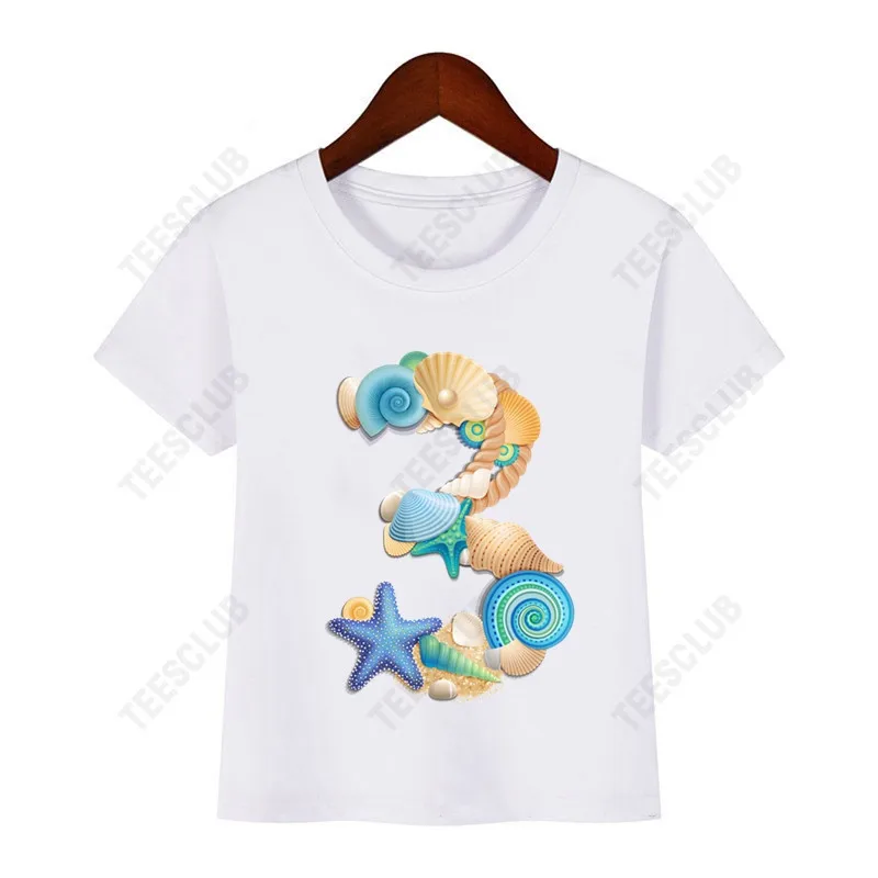 T-shirt infantil impressa com primeiros números de aniversário, topo, concha, feliz aniversário, 1-9