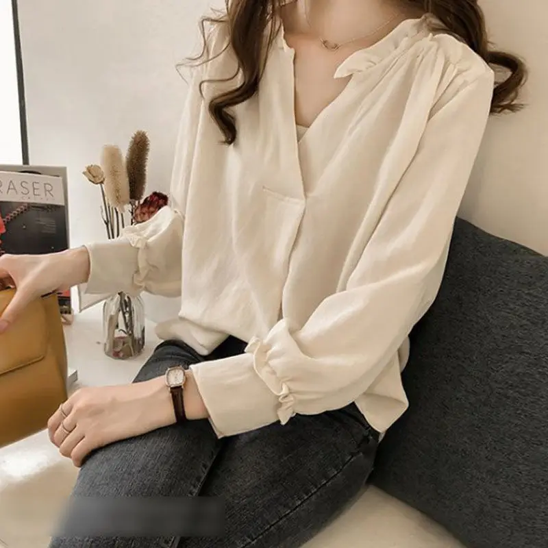 Fashion V-Neck Solid Color All-match Blouse for Female Spring Autumn Streetwear Korean Ruffles Spliced Loose Shirt Long Sleeve