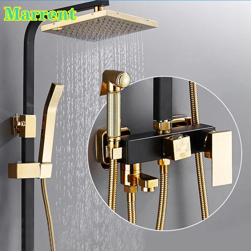 

Thermostatic Shower Set Black Gold Hot Cold Bathtub Mixer Tap Waterfall Bathroom Faucet Wall Mounted Rainfall Shower Set