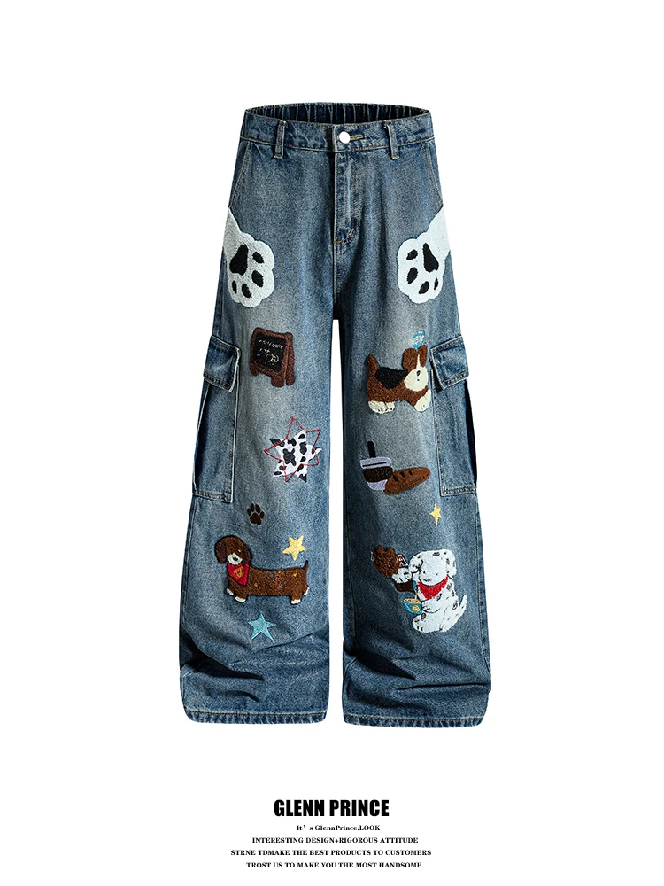 

Мужские джинсы свободного кроя с вышивкой в стиле американского мультфильма, широкие брюки в уличном стиле, повседневные джинсы