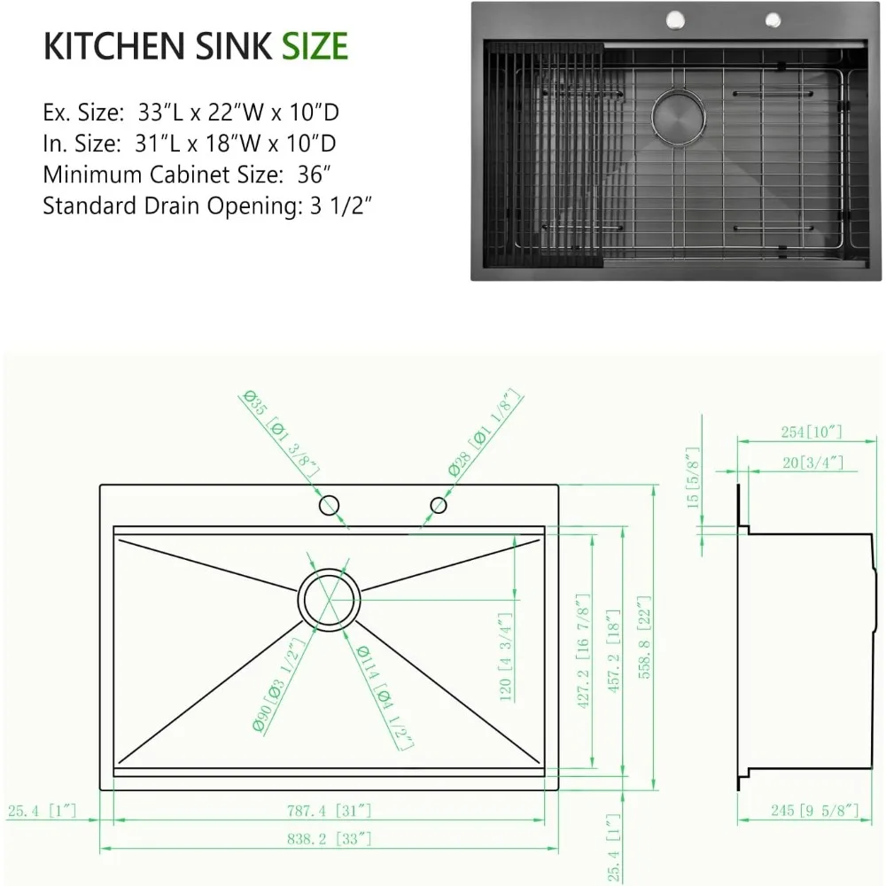 Imagem -02 - Black Single Bowl Worksation Kitchen Sink Gota em Pias de Aço Inoxidável 33x2 Polegada 16 Calibre