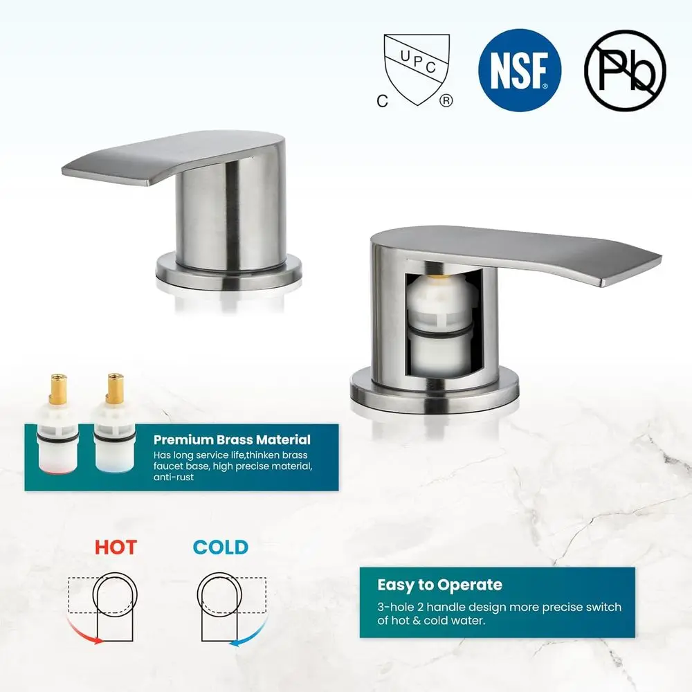 مجموعة 8 صنابير حوض الحمام واسعة الانتشار مع 3 فتحات ومقابض وصرف منبثق وخطوط مائية من النيكل المصقول