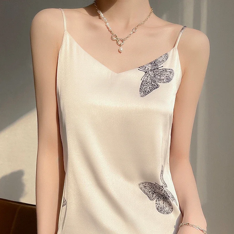 Zomerjurk van zijdesatijn met V-hals voor dames in Franse stijl, losse en afslankende sexy lange rok