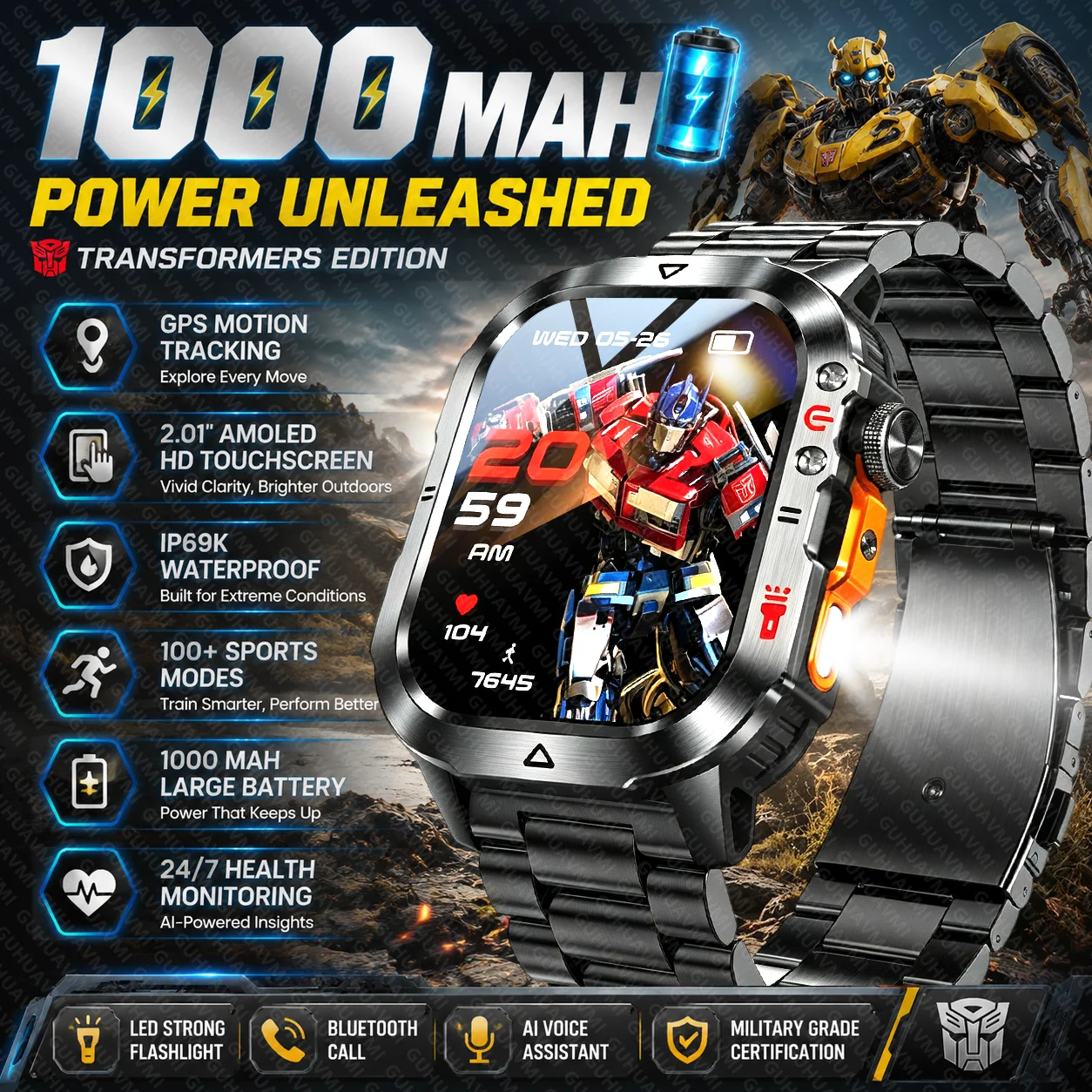 Nouvelle montre connectée pour homme, co-marquée Custom Co, Transformers, pour extérieur, batterie 100 mAh, GPS, lampe torche, appels Bluetooth, étanche, sport.
