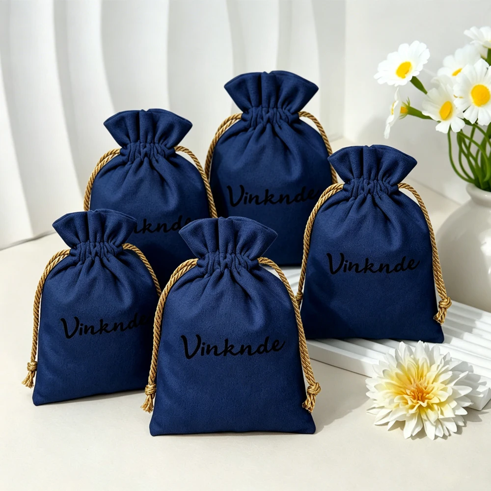 

50Pcs Navy Velvet Drawstring Packaging Bags Custom Logo for Jewelry Earrings Necklaces Key for Retail &Festival Present Wrapping