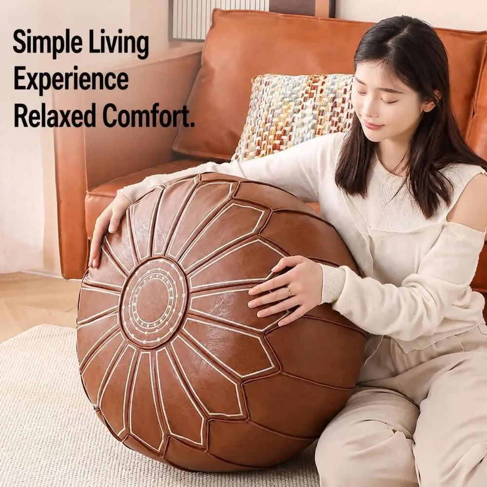 New PU Leather Fillable Ottoman Pouf Round Shape Embroidered Pattern Storage Ottoman Moroccan Style Round Pouf Cover Living Room