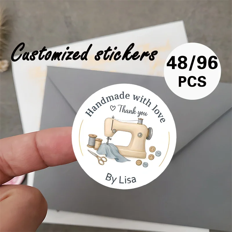 

DIY Custom design pattern includes a sewing machine and tools, making it perfect for labeling handmade items, craft fairs