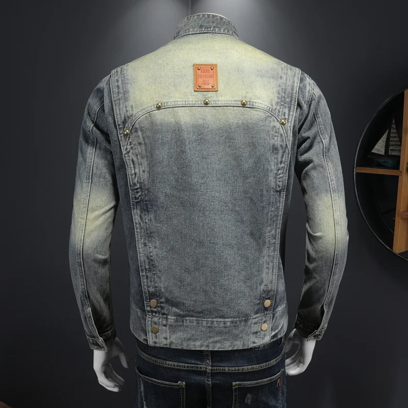 2024 Spring Autumn New Retro Patchwork Men's Denim Jacket Stand Collar Workwear Style Long Sleeve Fashionable Urban Cotton Ja...