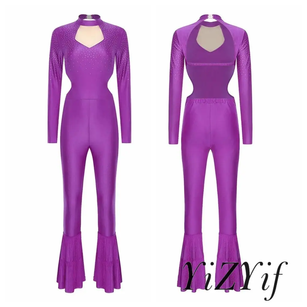 

Women Ballet Gymnastic Figure Skating Unitard Latin Dance Performance Competition Costume Bell-Bottom Jumpsuit Backless Bodysuit