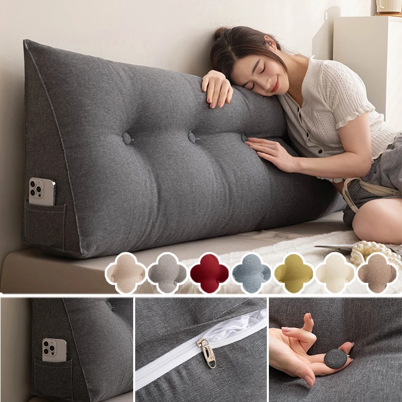 

Large Wedge Headboard Cushion Linen-Textured Triangular Pillow Removable Reading Backrest Support with Side Pocket Comfort