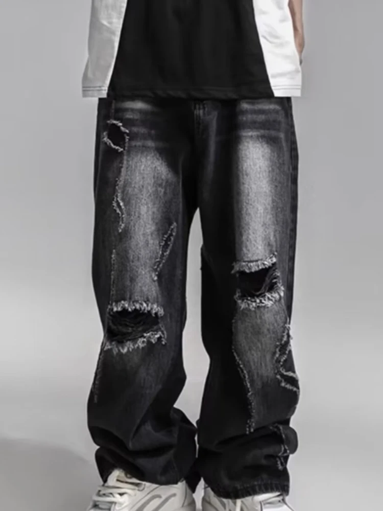 Jean ample pour hommes, trou droit, pleine longueur, Style américain, Vintage, pantalon en Denim, assorti avec tout, populaire, collège d'été, nouveau