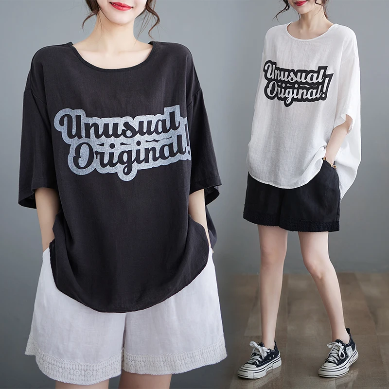 

2024 New plus Size Cotton Linen Printed T-Shirt Short Sleeve Slimming Belly Covering Breathable Women's Fashion Top