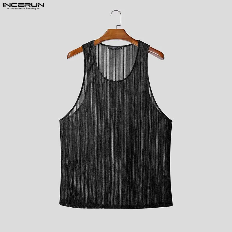 INCERUN Herren Tanktops Mesh Hollow Out Durchsichtig O-Ausschnitt Ärmellos Herrenbekleidung Sexy Streetwear Sommer Mode Männer Westen 2026