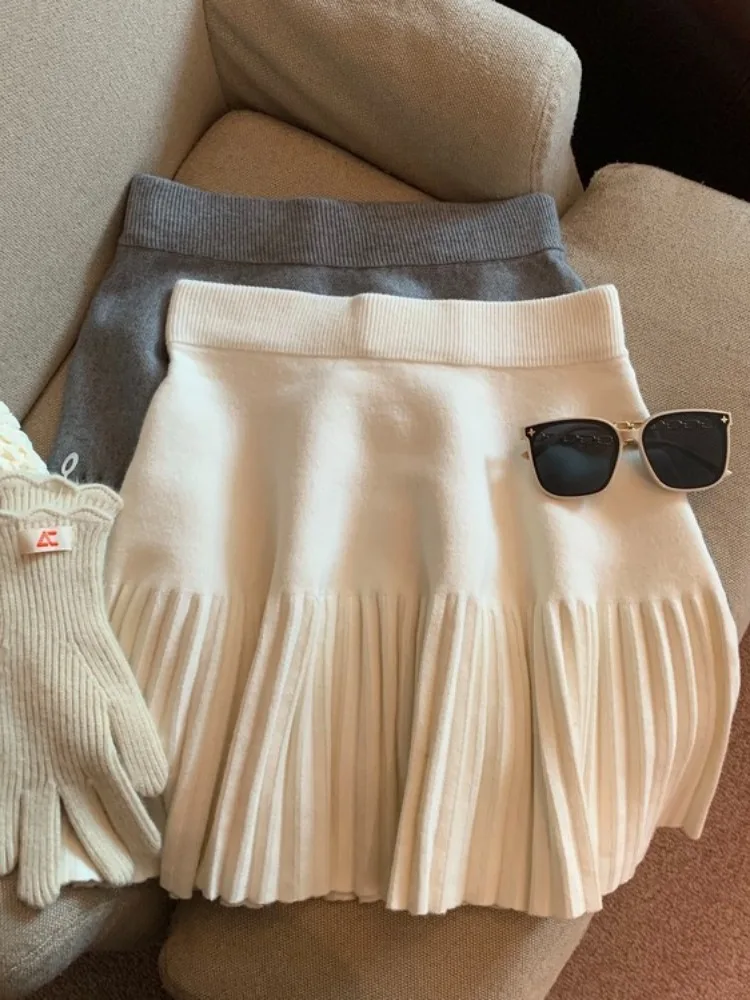ay Knitted Pleated  Skirt Women's Autumn Winter Thiened Wrap around Skirt Soft Comfortable High Waist A-Line Skirt