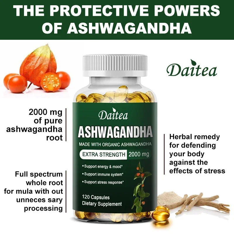 Daitea Organic Ashwagandha Extract - Vegetarian Capsules - Relieve Stress, Improve Mood, Immune Health, Energy, Anti-oxidation