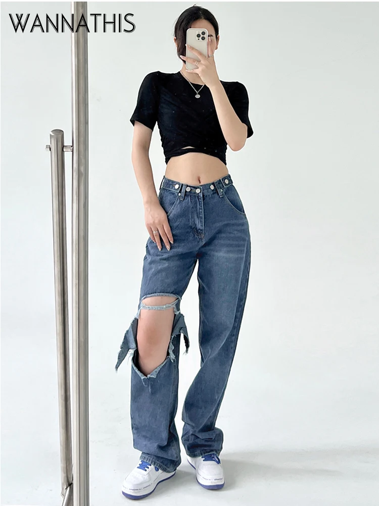 

Брюки WannaThis женские прямые, рваные джинсы с завышенной талией, свободные брюки с широкими штанинами, облегающие универсальные брюки до пола
