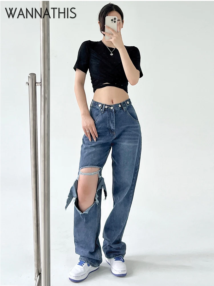 

WannaThis Ripped Straight Jeans Pants Women's High Waist Straight Loose Wide Leg Pants Slim All-Match Floor-Length Trousers