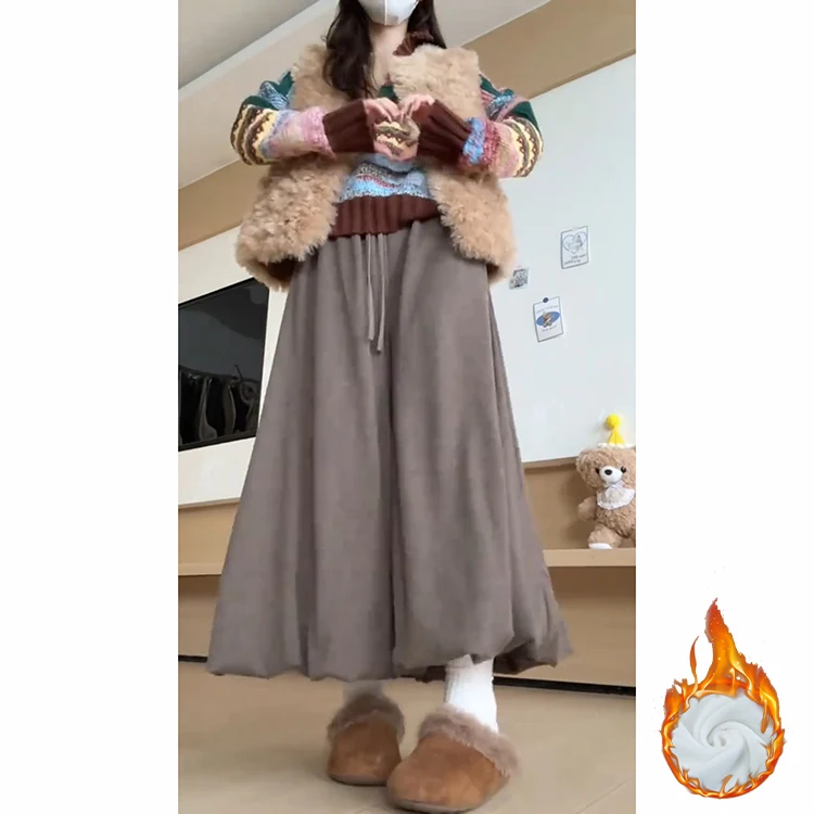 محبوك الأرز المعكرونة تنورة السراويل النسائية الخريف الشتاء جديد Sle القهوة اللون Fce واسعة الساق زهرة برعم السراويل تنورة السراويل #4