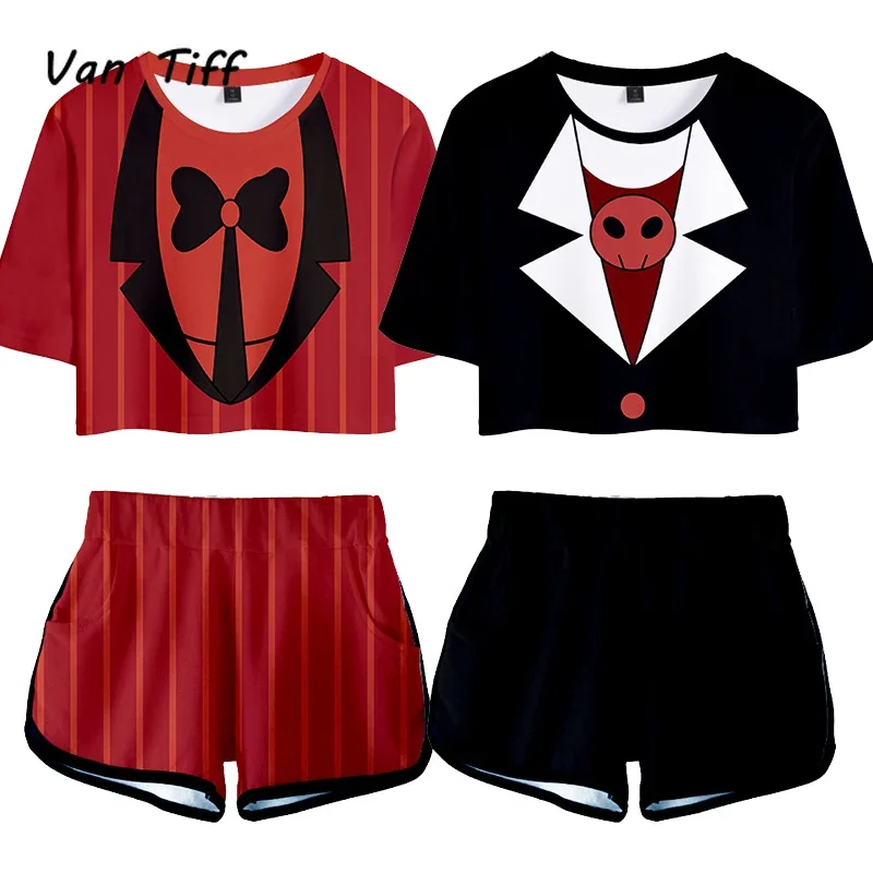 Hazbin Cosplay Outfit Hotel Costume Women Charlie Alastor Top Shorts Sport Suits Running Shorts Shirt Hazbin Set Hotel Girls