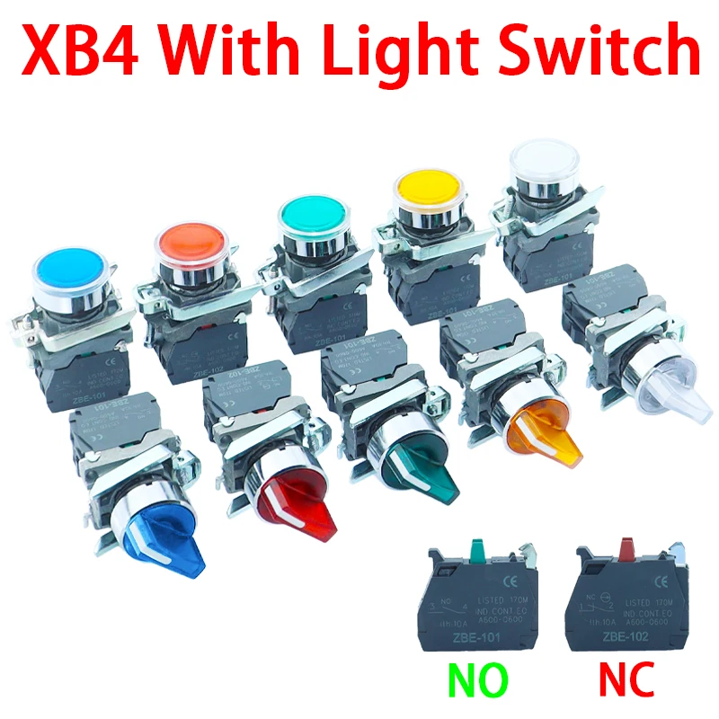 XB4 Button Switch Knob Switch, 2nd Gear, 3rd Gear, Instant Self Resetting, Flat Head, 22mm, Power Button Switch with Light, XB4