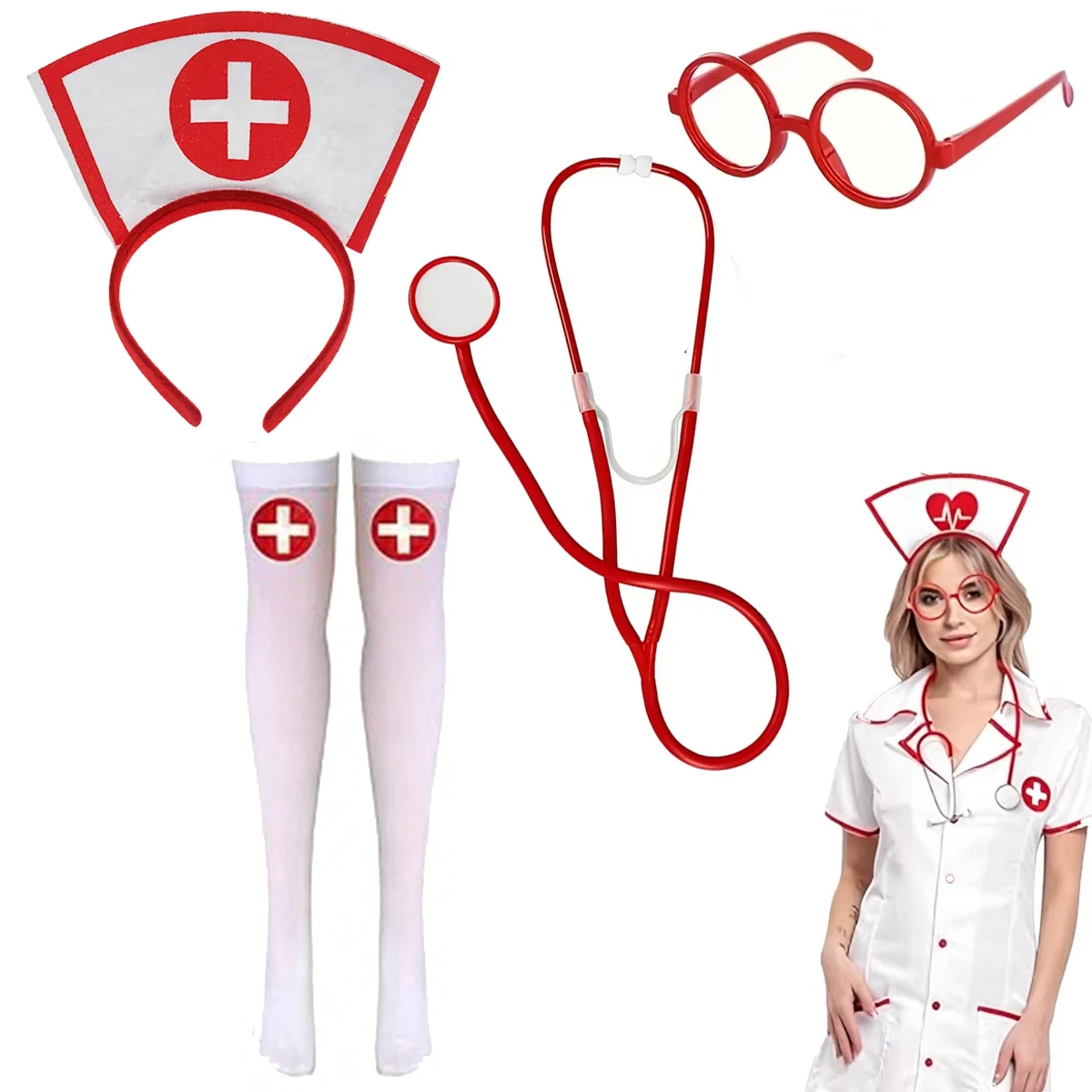 5-teiliges Kinder-Krankenschwester-Doktor-Cosplay-Set Krankenschwester-Stirnband Stethoskop Brille Halloween-Party Rollenspiel-Kostüm-Requisiten – Detail 2