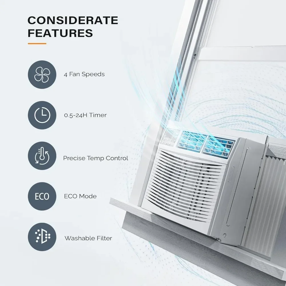 Climatiseur de fenêtre 8000 BTU avec chauffage, unité AC avec commande vocale intelligente, fonction minuterie et kit d'installation facile