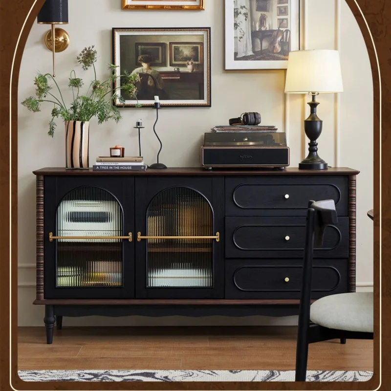 Nordic medieval dining side retro simple storage French solid wood integrated wall cabinet locker living room tea cabinet