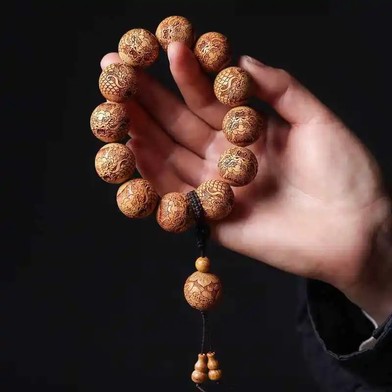 Sandalwood Beaded Bracelet with Carved Dragon Zodiac for Men Prayer Beads Wrist Mala Car Gear Hanging Decor Gifts