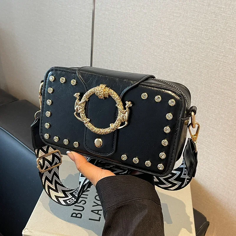 Luxury Rivet Pu Leather Crossbody Bag For Women 2024 New Wide Strap Shoulder Handbag And Purse Black Zipper Messenger Bags