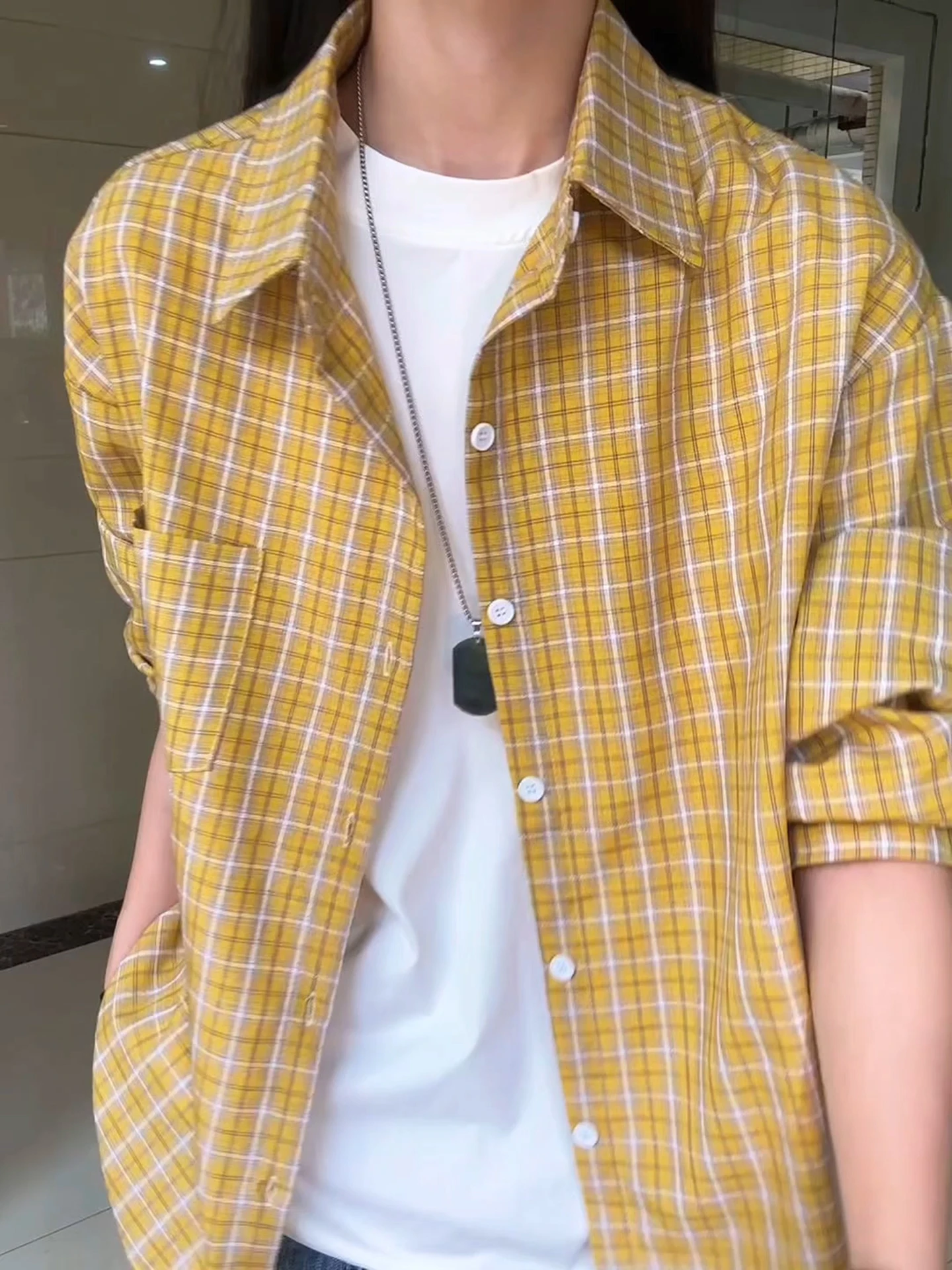 

Yellow Plaid Long Sleeve Shirt Casual Loose Unisex Autumn Vintage American Style Couples Outerwear Polyester Fiber Washed Pro...
