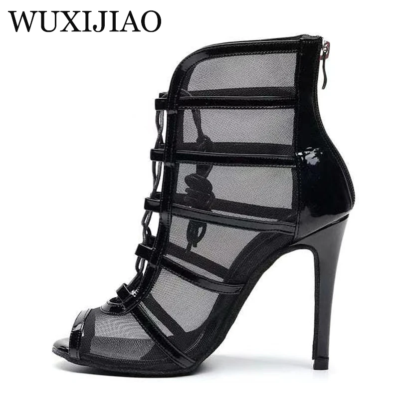 WUXIJIAO-Sandalias negras con cordones para mujer, zapatos de baile de jazz sexy, tacones altos, zapatos de baile latino para interiores, cha