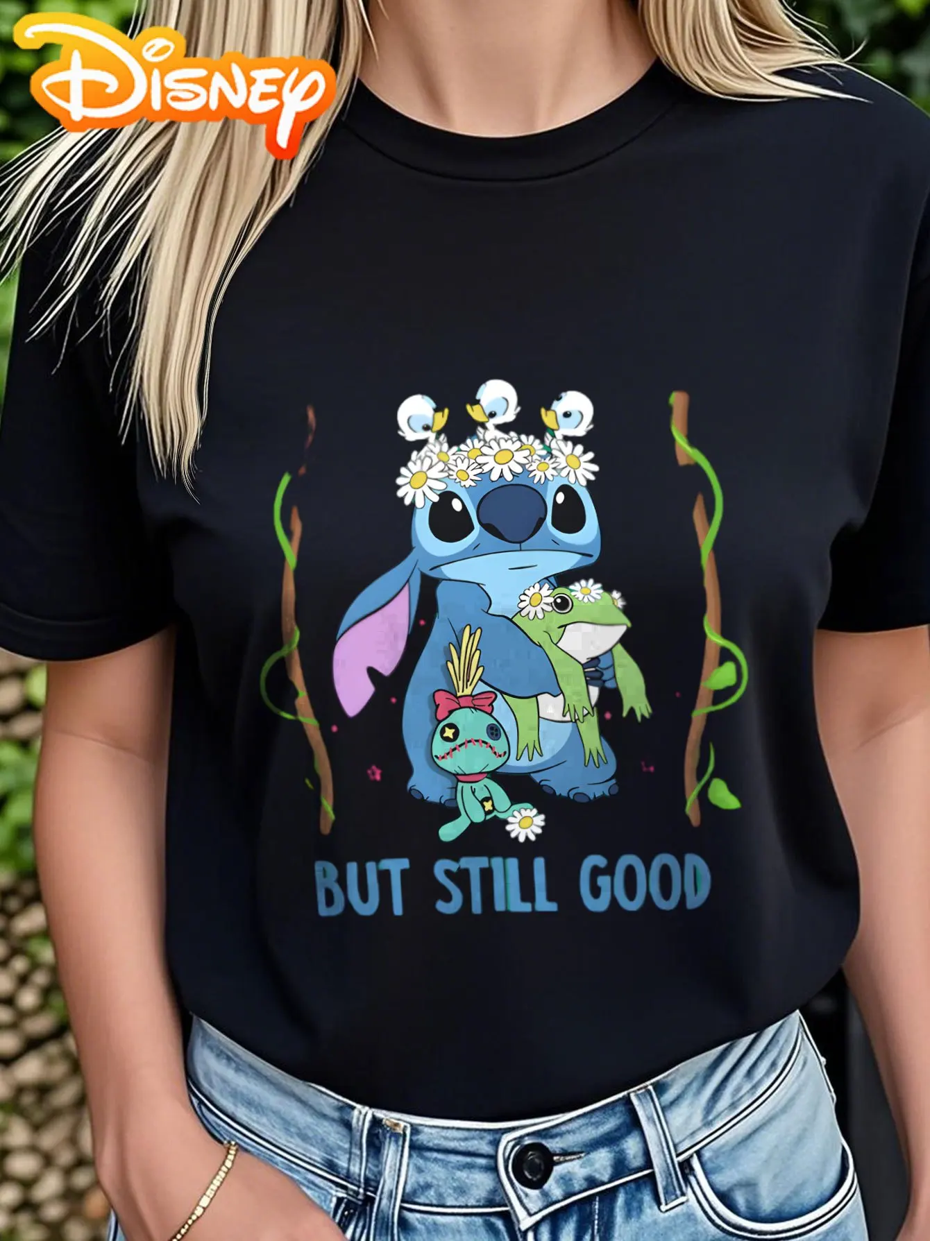 Disney Stitch Frogs Flowers T-Shirt – reines, lässiges Kurzarm-T-Shirt, lebendiges Cartoon-Design, perfekt für den täglichen Gebrauch und den Street-Style