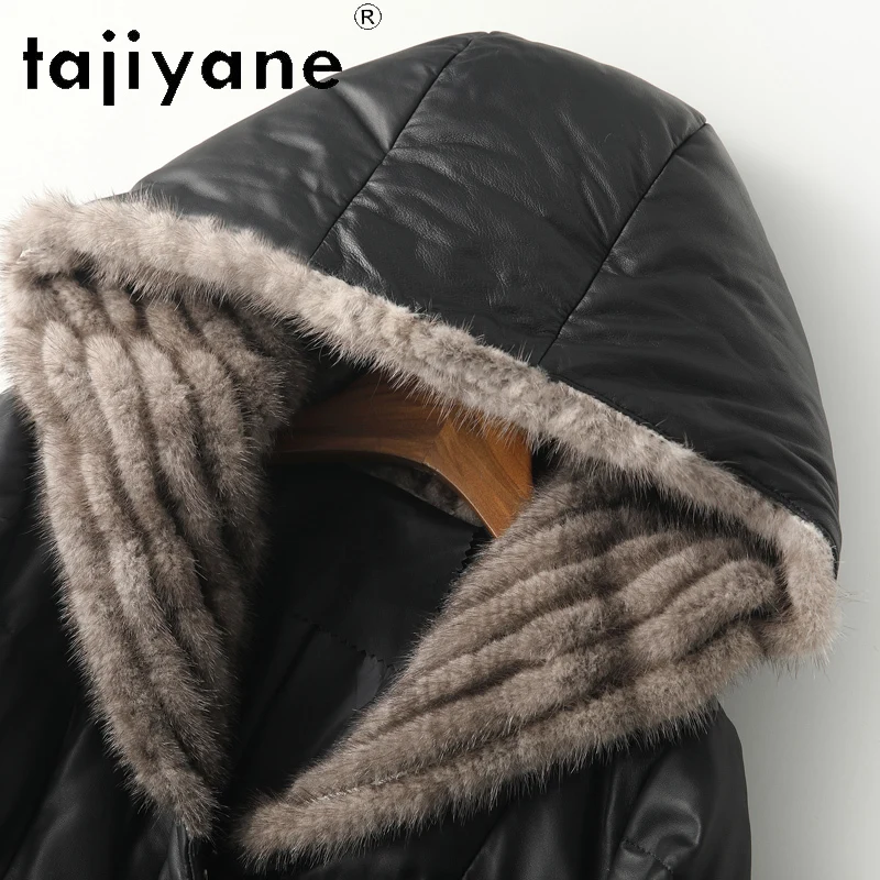 TAJIYANE 100% جلد الغنم الحقيقي أوزة أسفل معطف أسود جلد حقيقي سترة منفوخة النساء مع قبعة فرو المنك 2025 الملابس الشتوية fadding