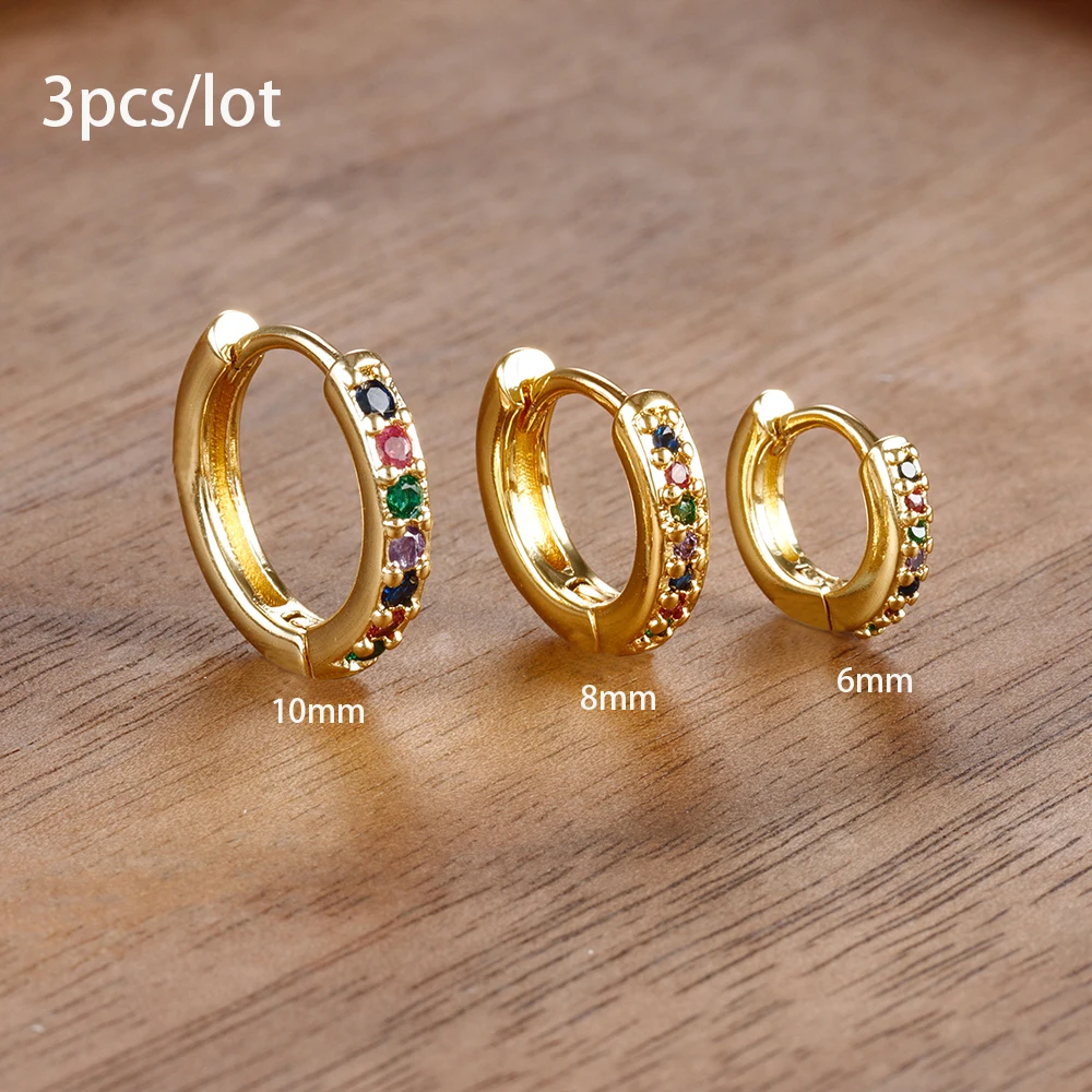 3pc Set Simple Stainless Steel Crystal Small Hoop Earrings