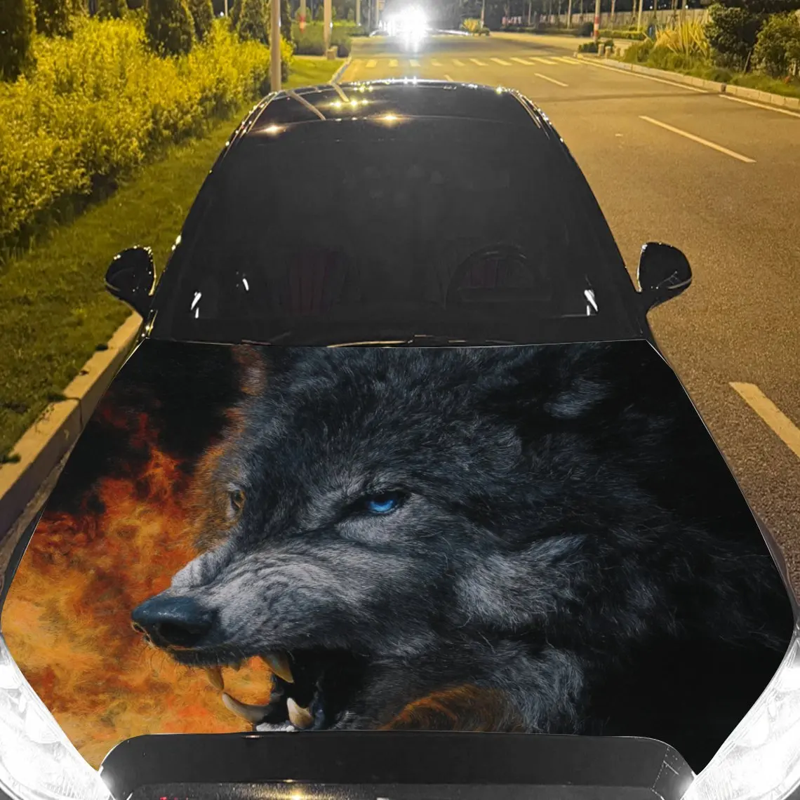 

Car Decals A Wolf With Bared Teeth Set Against A Fiery Backdrop Car Hood Sticker, Waterproof Self - Adhesive Vinyl Graphics Deca