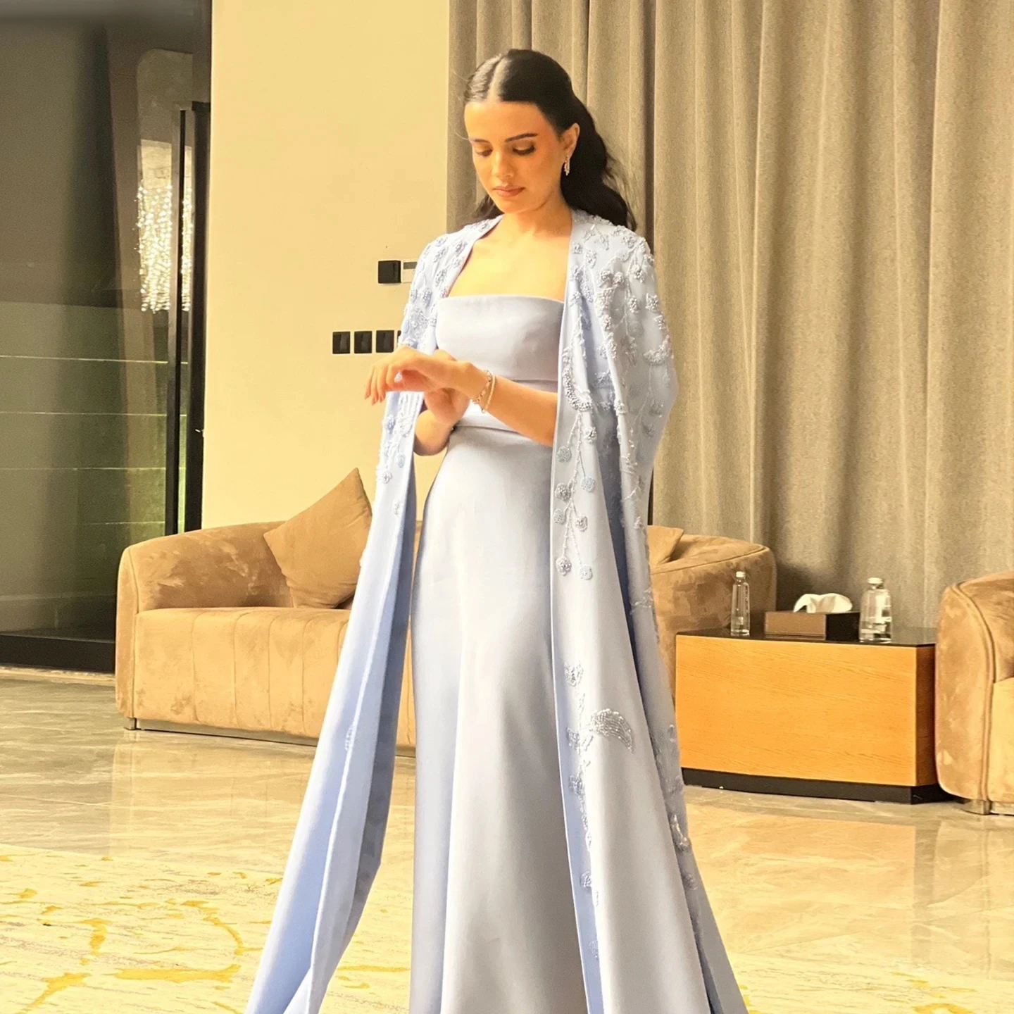 Jancember Arabic Blue Mermaid Evening Dress with Cape Sleeves 2024 Luxury Beaded Dubai Women Wedding Guest Party Gowns SZ407