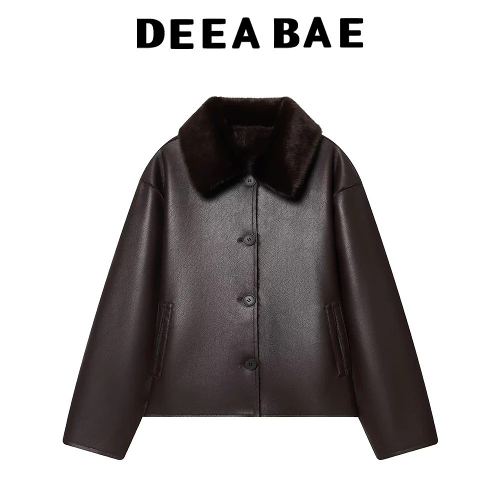 

DEEABAE 2025 Winter New Product Women's Double sided Imitation Leather Jacket with Fur Effect Loose Coat