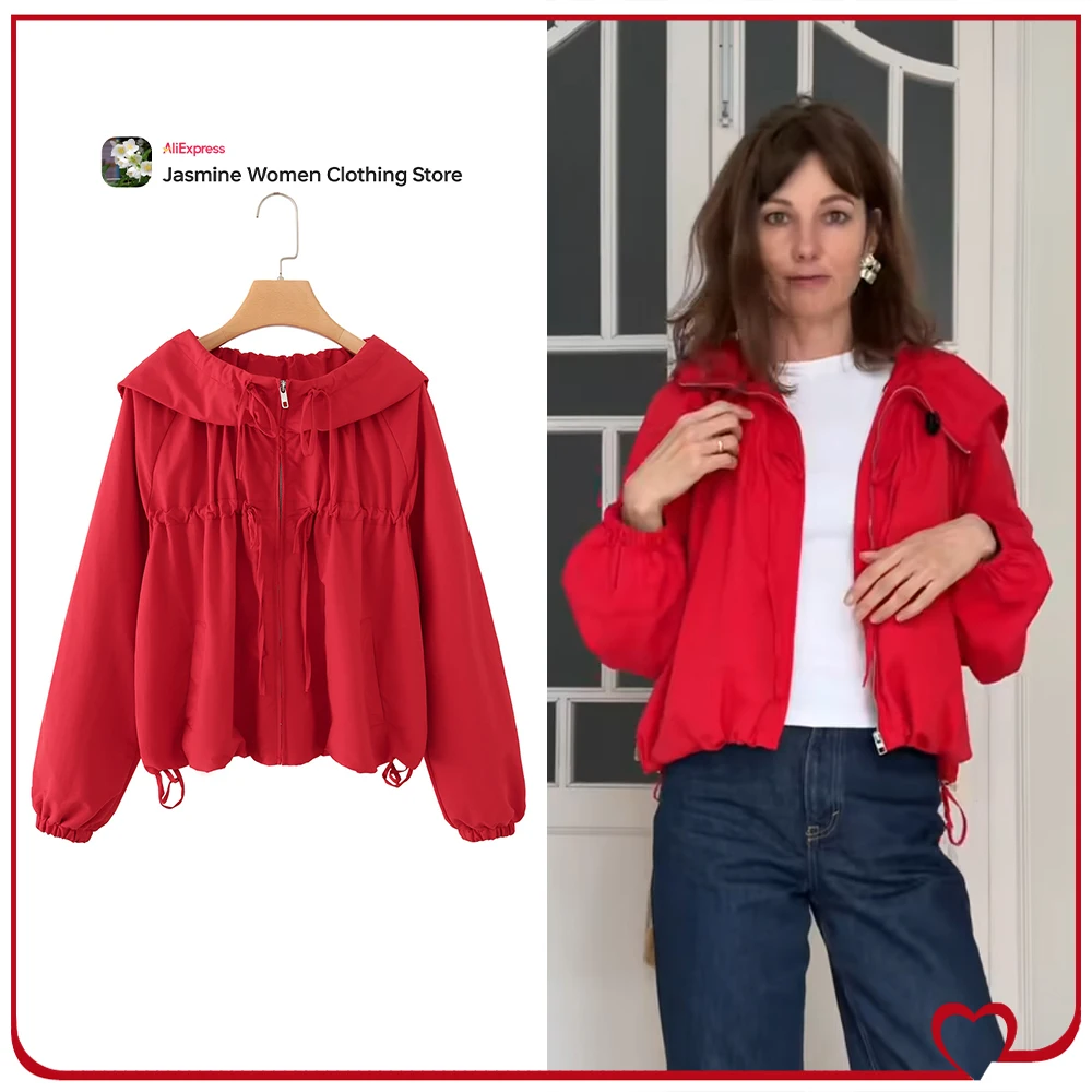 

New in Spring Nylon Tie Jackets for Women Red Hooded Jackets with Long Sleeves and Elastic Drawstring Hem Loose Zippered Jackets