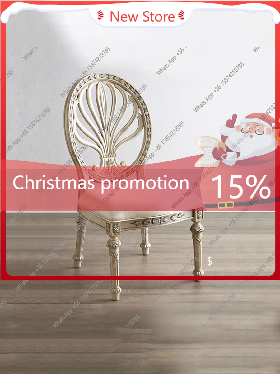 

J French Country Solid Wood Dining Chair, Home Study Chair, American Retro White Carved Round Back Chair, Casual Backrest