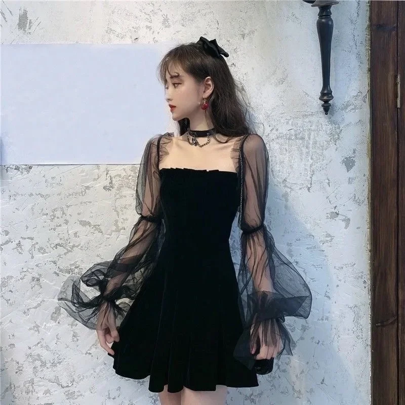 Spring Summer New Elegant Mesh Puff Sleeve Black Dress Off-the-shoulder Waist-fitted Puffy Dress Women's Clothing