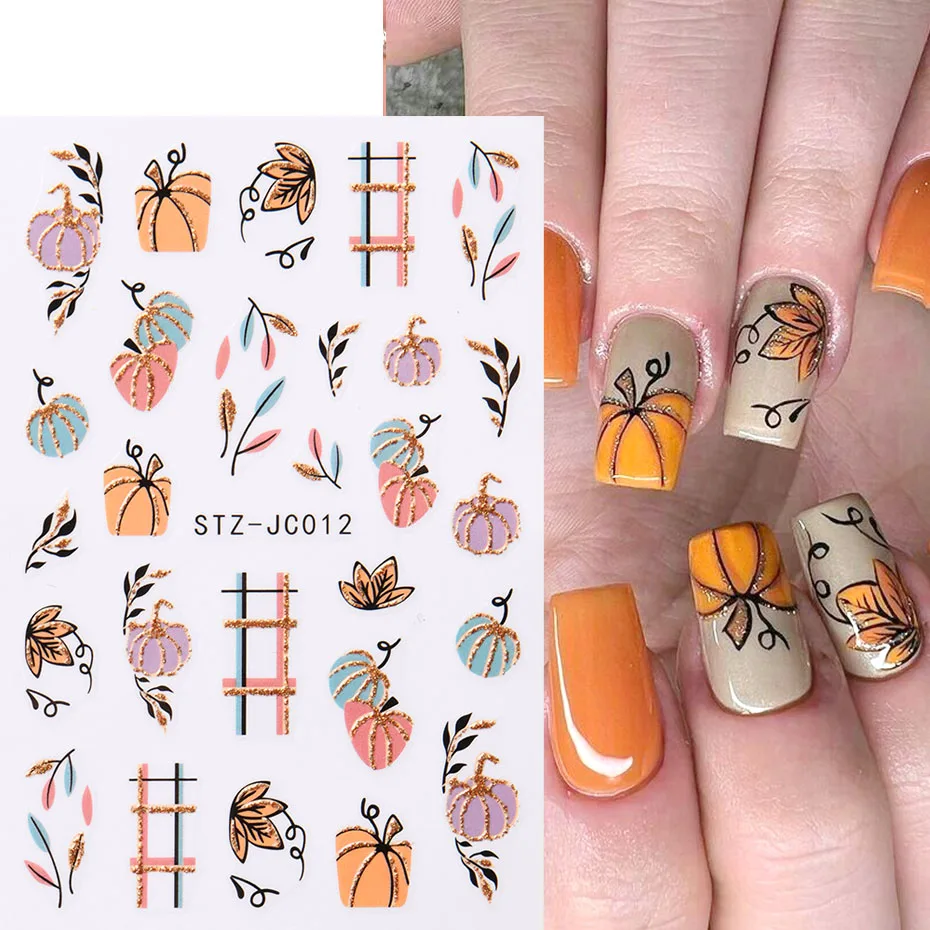 2 Stück Niedliche Kürbis-Nagelaufkleber Herbst-Ahornblatt-Karo-Klebefolien Herbst-Thanksgiving-Nageldesign-Zubehör – Detail 7