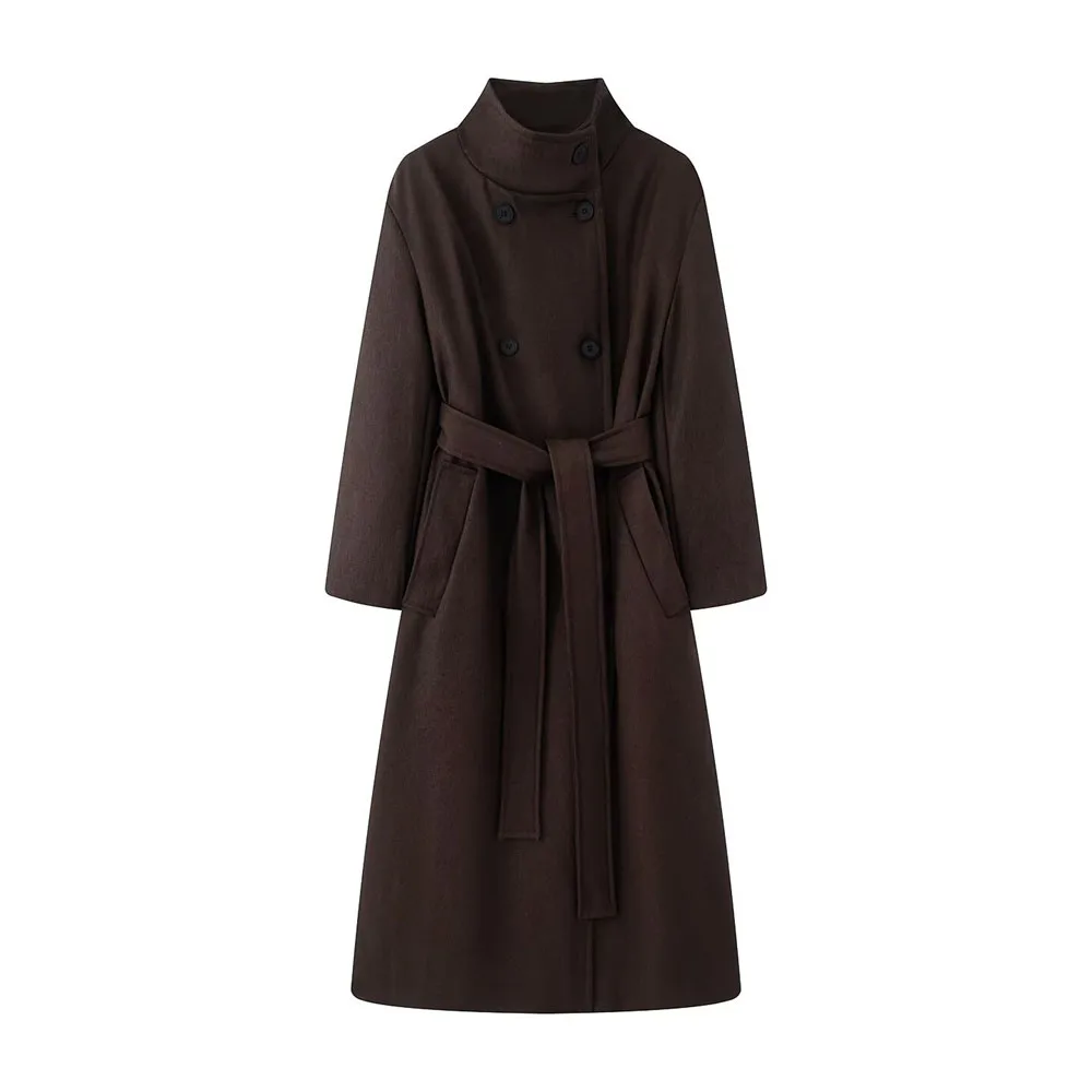 

Winter new women's fashion loose fitting belt stand up collar long coat