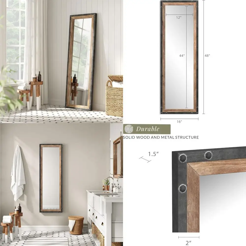 

Large Rustic Full-Length Leaning Mirror - Wood and Metal Free Standing Floor Mirror for Long Full Size Reflections